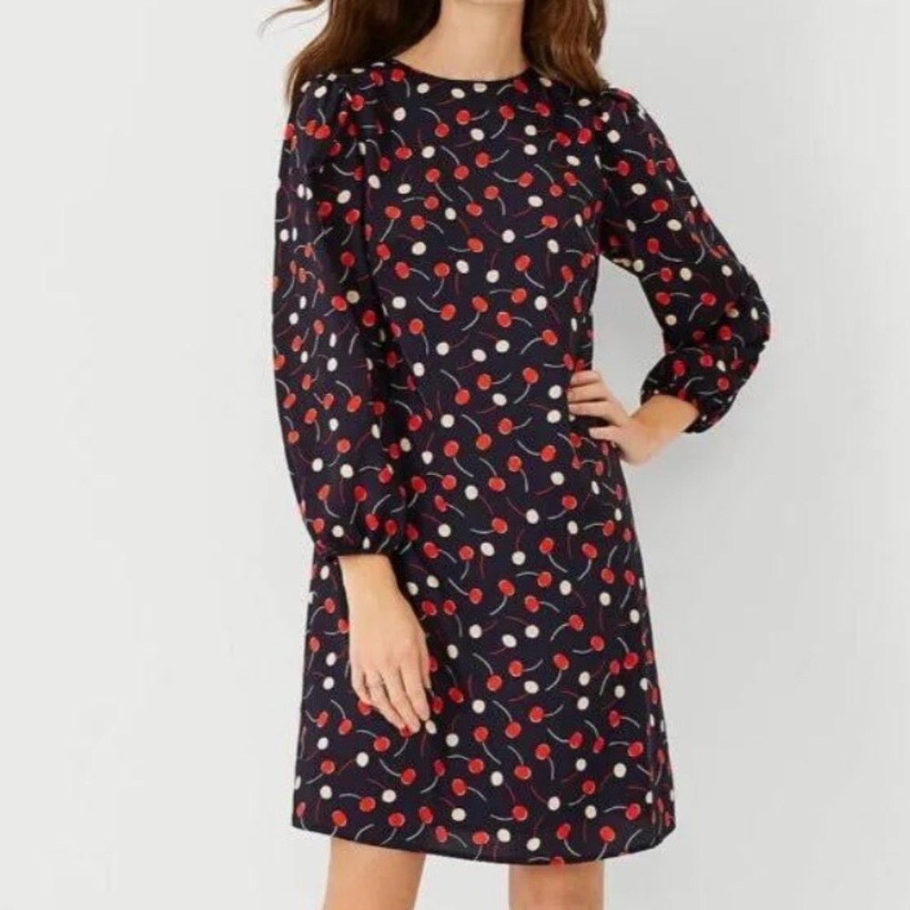 Ann Taylor Cherry Print Shift Dress Navy Puff Sleeve Size S